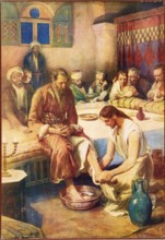 Scene from the biblical story, Jesus washing the feet of his disciples or The washing of feet,