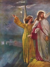 Scene from the biblical story, The Temptation of Jesus by the Devil in the Desert, authentic