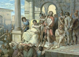 Scene from the biblical story, Jesus in front of Pilate, describes how the chief priests hand Jesus