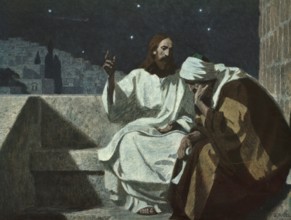 Scene from the biblical story, The encounter between Jesus and Nicodemus is one of the central