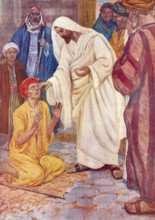 Scene from the biblical story, Jesus healing a blind man, authentic reproduction of a school mural,