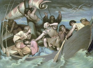 Scene from the biblical story, The story of Jesus sleeping on the Sea of Galilee during a storm is