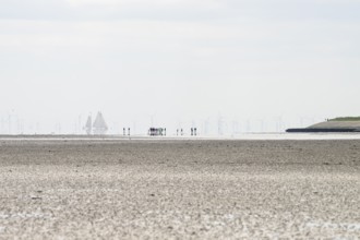 Wide view of the Wadden Sea at low tide with wind turbines and a sailing ship on the horizon in the