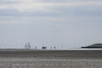 People and sailing ships in the Wadden Sea at low tide with wind turbines on the horizon, people on