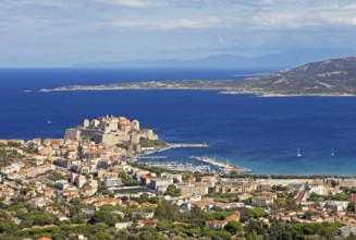 View of Calvi Citadel and Calvi Bay, in the background Cap Corse, Haute-Corse Department, Balagne,