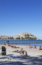Calvi beach, back the citadel, Balagne, Haute-Corse department, Corsica, France