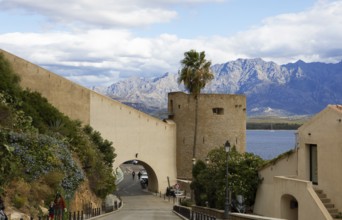 Calvi citadel, with the mountains of the Balagne region in the Haute-Corse department, Corsica,
