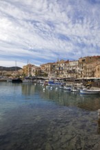 Colourful boats and restaurants in the port of Calvi, Balagne, Haute-Corse department, Corsica,