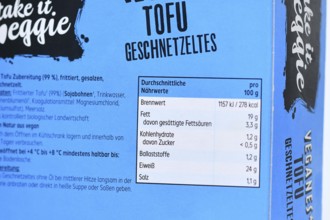 Germany - October 2025: German nutrition label of fried tofu showing calories, fat, carbohydrates,