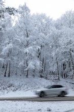 Car driving through snowy landscape, trees, winter, snow, Sieversen, Samtgemeinde Rosengarten,
