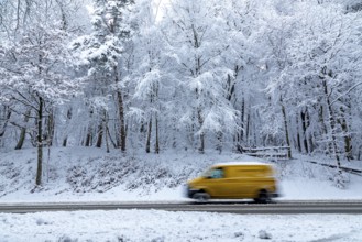 Post bus driving through snowy landscape, trees, winter, snow, Sieversen, Samtgemeinde Rosengarten,