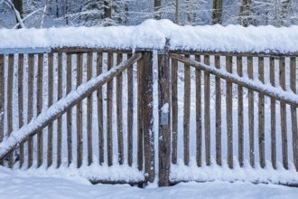 Snowy garden gate, Sieversen, Samtgemeinde Rosengarten, Lower Saxony, Germany