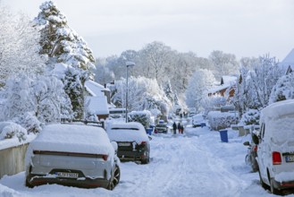Snowy residential area, cars, road, trees, people, Sieversen, Samtgemeinde Rosengarten, Lower