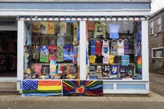 Storefront, clothing store, products with LGBTQ themes and local identity, gift shop, rainbow