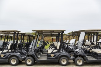 Lined up golf carts, golf carts, North Truro, Cape Cod, Massachusetts, New England, USA
