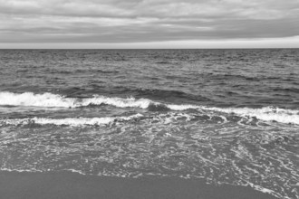 Soft surf on beach, shoreline, monochrome, cloud cover, Provincetown, Race Point Beach, Cape Cod