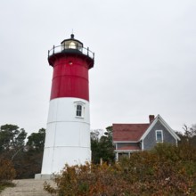 Historic lighthouse, Nauset lighthouse Beach, twilight in autumn, Cape Cod National Seashore in