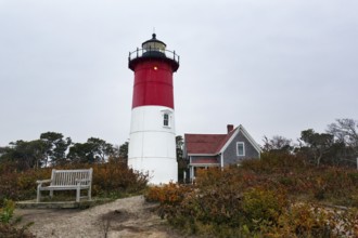 Historic lighthouse, Nauset lighthouse, twilight in autumn, Cape Cod National Seashore in Eastham,