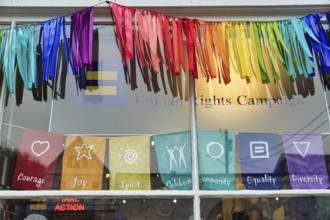Shop windows, ribbons in rainbow colors, Human Rights Campaign Office, HRC, Human Rights, LGBTQ,