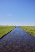 Bach Lecker Au, agricultural land, meadows, wind turbines, pale blue sky, cirrostratus clouds,