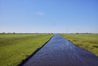 Bach Lecker Au, agricultural land, meadows, wind turbines, pale blue sky, cirrostratus clouds,