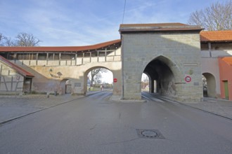 Baldinger Tor built 1430 city gate, historic city wall and city fortification, Nördlingen, Bavaria,