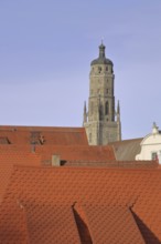 Late Gothic St. Georg church with Daniel church tower, roofs, Nördlingen, Bavaria, Germany
