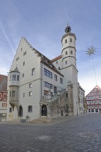 Town Hall built 1500, Renaissance Christmas star as Christmas decoration marketplace, Nördlingen,