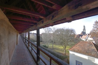 Historic rampart of the city wall, city fortification, St. Georg church, wooden structure with