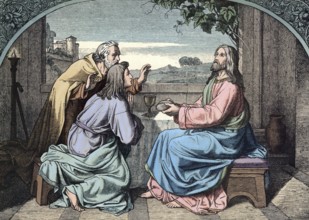 Scene from the biblical story, On the Day of Jesus' Resurrection, two disciples, one of them named