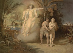 Scene from the biblical story, The Expulsion from Paradise, Adam and Eve, authentic reproduction of