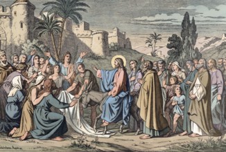 Scene from the biblical story, The Entry of Jesus into Jerusalem, authentic reproduction of a