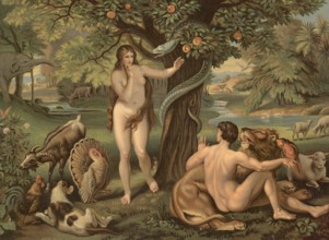 Scene from the biblical story, The Fall of Man, Adam and Eve, snake and apple, authentic
