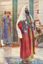 Scene from the biblical story, The Parable of the Pharisee and the Tax Collector, authentic