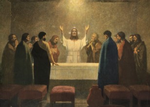 Scene from the biblical story, The Last Supper, authentic reproduction of a school mural,