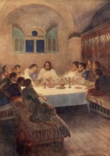 Scene from the biblical story, The Last Supper of Jesus with his disciples, authentic reproduction