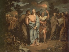 Scene from the biblical story, The Kiss of Judas, Judas Kiss, authentic reproduction of a school