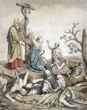 Scene from the biblical story, The Healing Copper Snake, a story from the 4th book of Genesis where