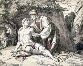 Scene from the biblical story, The Parable of the Good Samaritan is one of the most famous stories