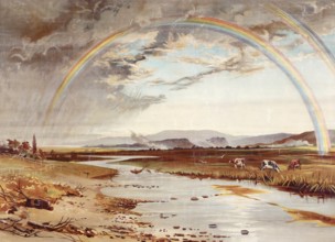 Double rainbow over a river landscape, natural phenomenon, landscape with river, cows and a