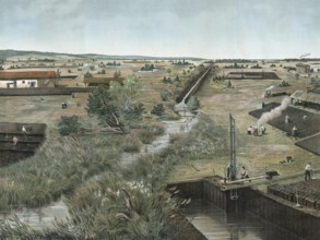 Oberschwäbisches Ried, Baden-Württemberg, Germany, flat landscape with waterways and workers