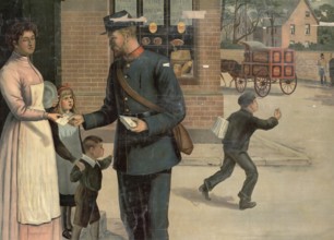 Postman, handing over a letter to the housewife, Germany, A postman presents a letter to a woman in