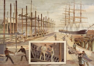 Shipbuilding, building sailing ships in a shipyard, carpenter, timber construction, workers
