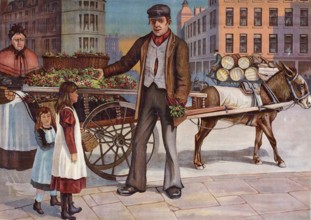Greengrocer with cart full of vegetables and customers, Germany, A merchant selling vegetables from