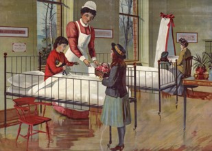 In a children's hospital, sick children in a dormitory room, visitor, nurse, scene in a hospital