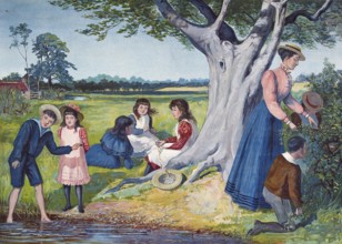 Trip with the children to the countryside, summer vacation, vacation, group of people having a