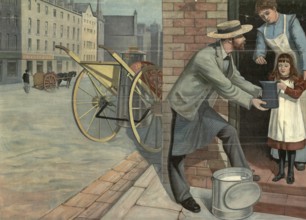 Milchman delivers milk to the front door, Germany, A milkman delivers milk to a child in a busy