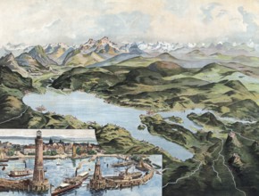 Lake Constance with Lindau and Alpine Range, Swabia, Bavaria, Germany, picturesque view of