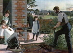Man gardening, digging with spade, family, a family working in the garden, a woman watering plants