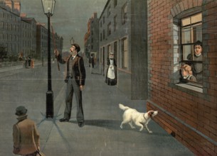 Lantern lighter lighting the gas lanterns every evening, evening street scene with a person